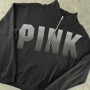 PINK Victoria's‎ Secret Quarter Zip Pullover Women M Black Excellent Logo Fleece